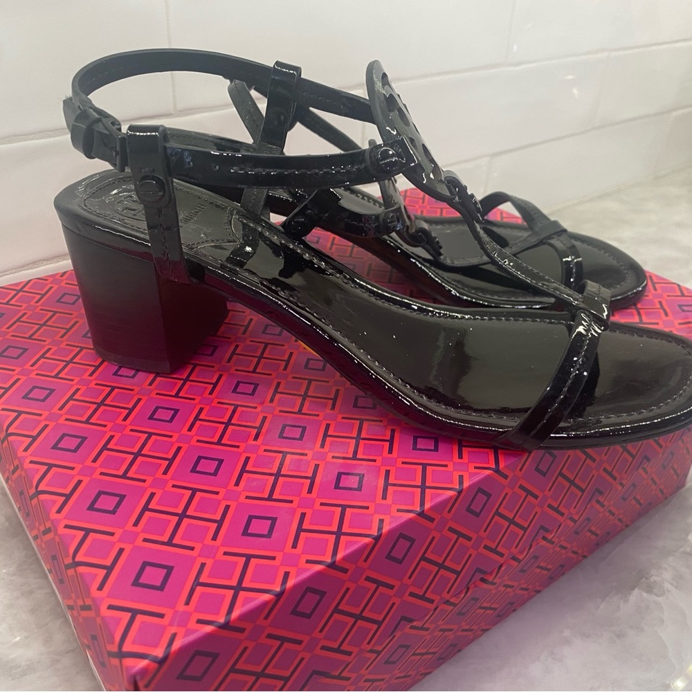 Tory Burch Miller 55MM Black Patent Sandal with Block Heel.